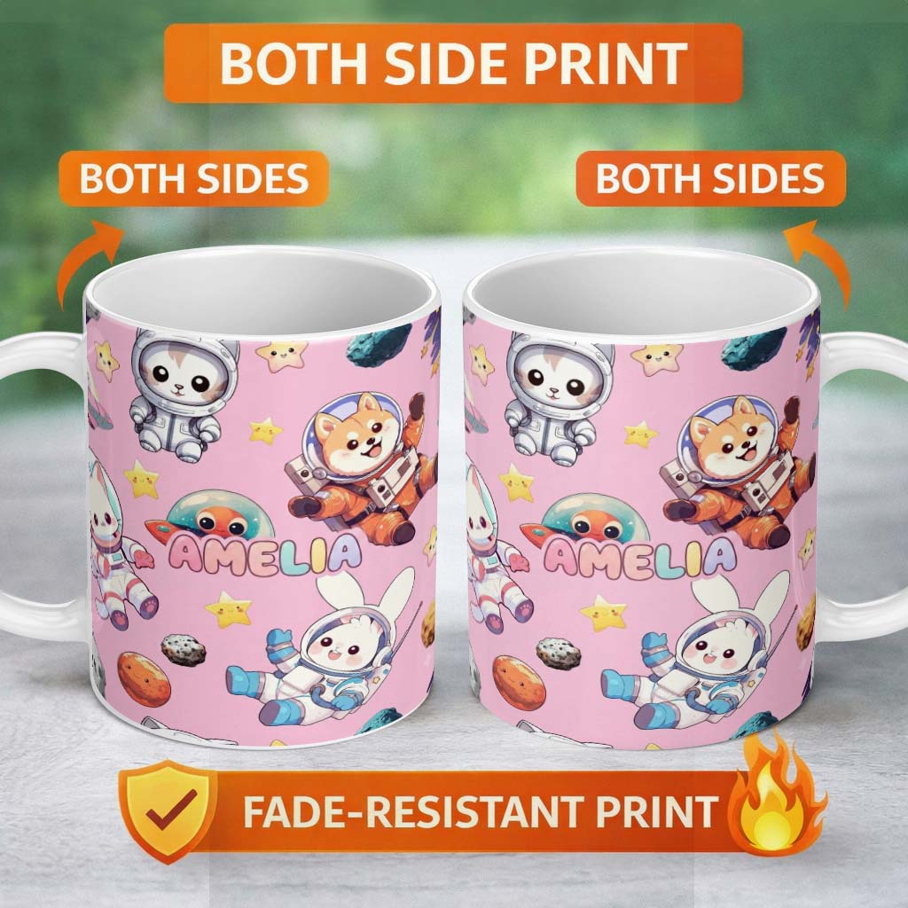Personalized Custom Name Space Animals Astronaut Dog Bunny UFO Stars Seamless Soft Pink 11oz Ceramic Coffee Tea Mug White Large Handle