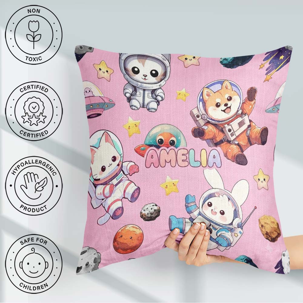 Custom Name Space Animals Dog Bunny UFO Stars Seamless Soft Pink Square Filled Cushion Throw Pillow Sofa Bed Home Decor Zip Washable UK Made