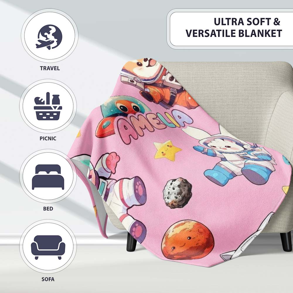 Space Animals Astronaut Dog Bunny UFO Stars Seamless Soft Pink Personalised Custom Name Super Soft Fleece Blanket Bed Sofa Throw