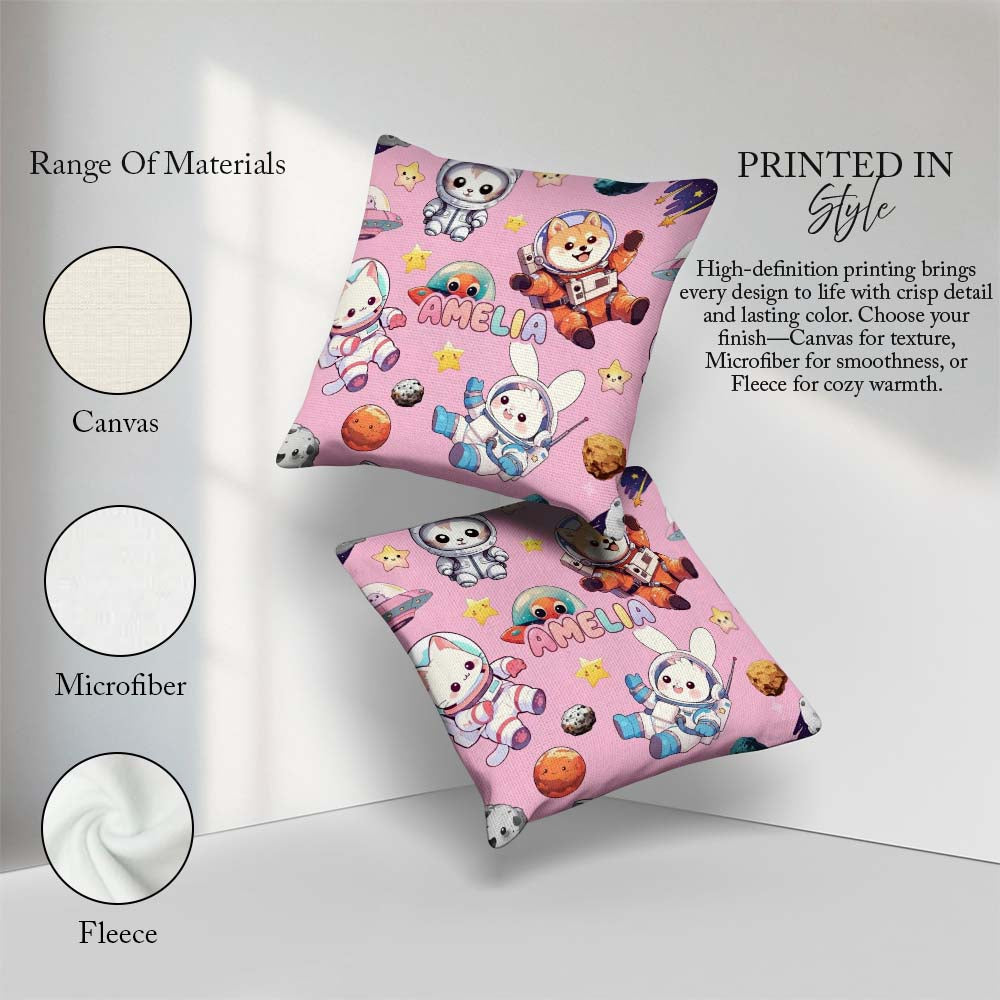 Custom Name Space Animals Dog Bunny UFO Stars Seamless Soft Pink Square Filled Cushion Throw Pillow Sofa Bed Home Decor Zip Washable UK Made