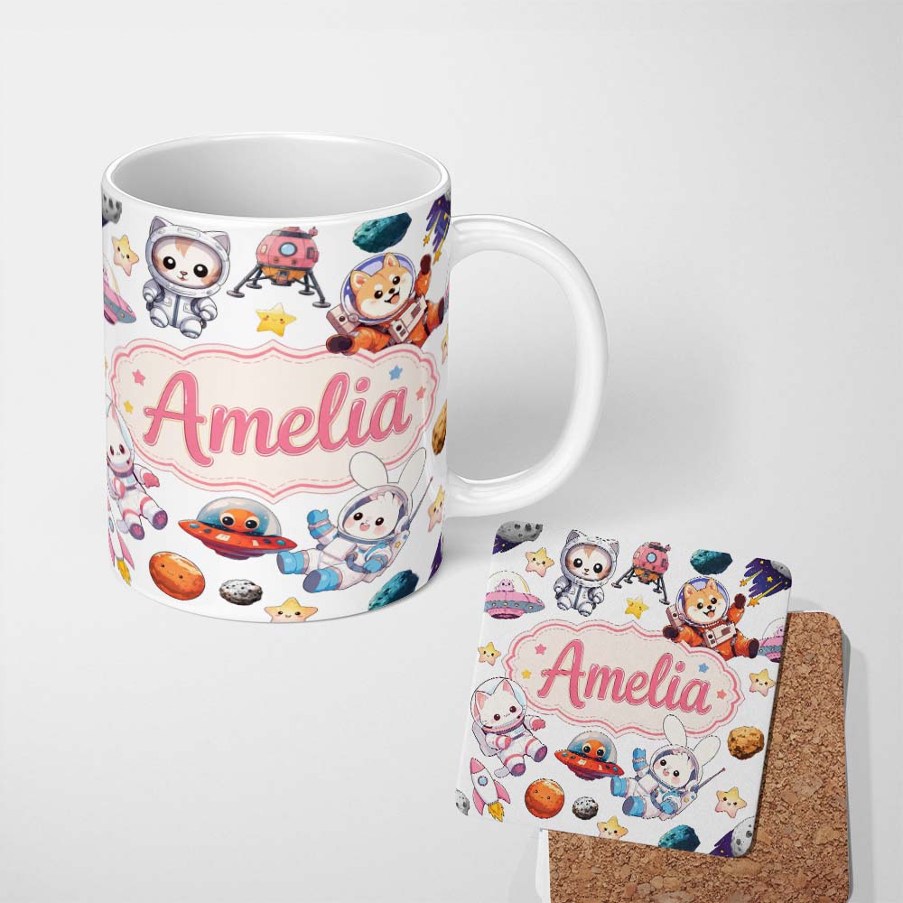 Personalized Custom Name Space Animals Astronaut Dog Bunny UFO Stars Seamless Light Grey 11oz Ceramic Coffee Tea Mug White Large Handle
