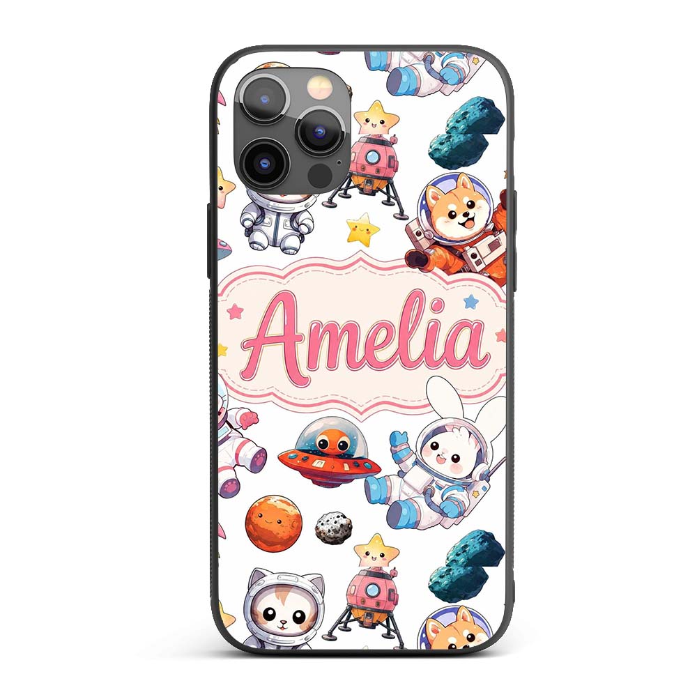 Space Animals Astronaut Dog Bunny Printed Design Custom Name Protective Phone Case Mobile Cover Durable Everyday Smartphone Shock Resistant