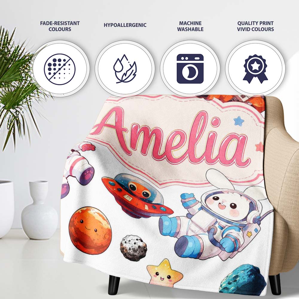 Space Animals Astronaut Dog Bunny UFO Stars Seamless Light Grey Personalised Custom Name Super Soft Fleece Blanket Bed Sofa Throw