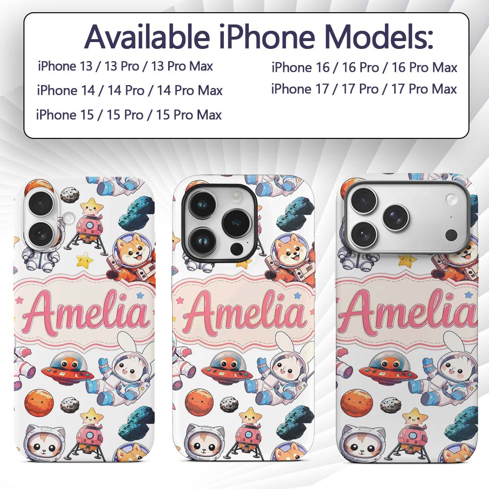 Space Animals Astronaut Dog Bunny Printed Design Custom Name Protective Phone Case Mobile Cover Durable Everyday Smartphone Shock Resistant