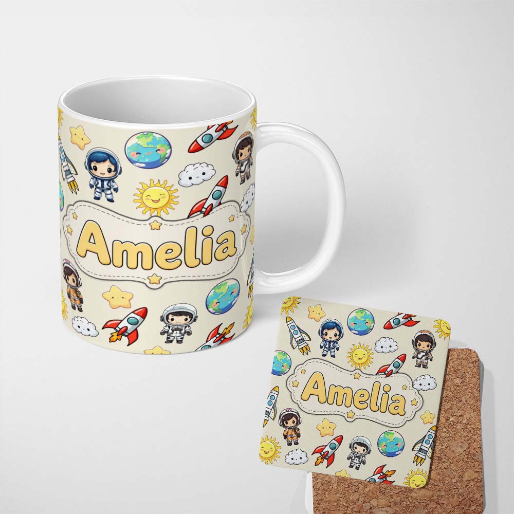 Personalized Custom Name Cute Cartoon Space Rocket Astronaut Sun Earth Clouds Seamless Cream 11oz Ceramic Coffee Tea Mug White Large Handle