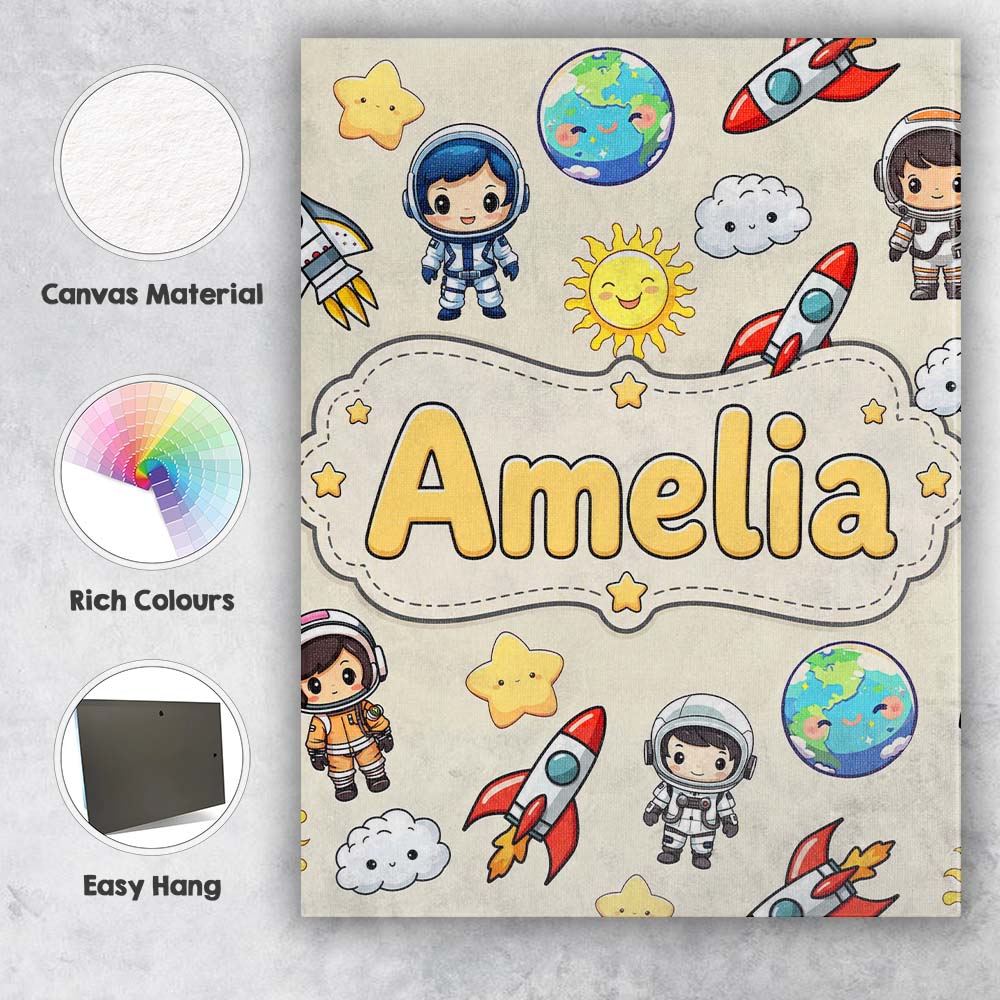 Personalised Name Cute Cartoon Space Rocket Custom Bespoke Interior Contemporary Canvas Wall Art Print Decor Picture Ready to Hang