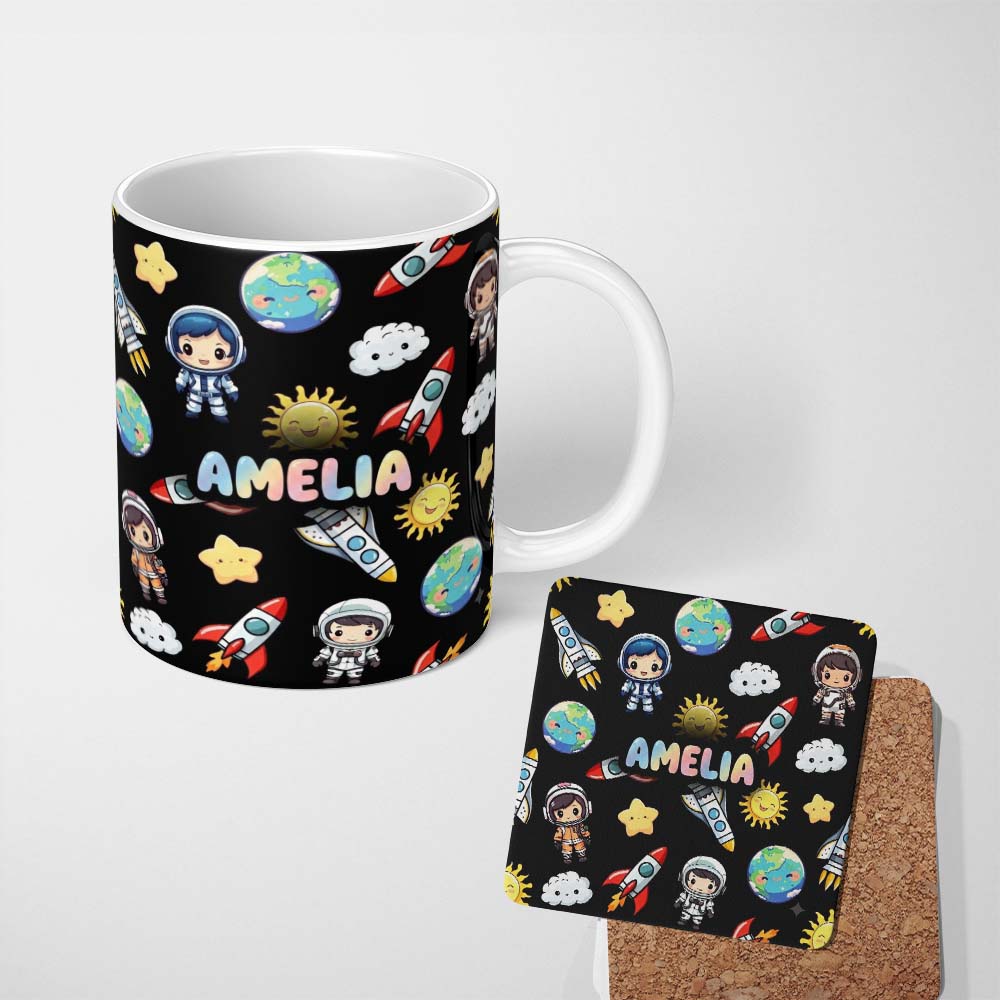 Personalized Custom Name Cute Cartoon Space Rocket Astronaut Sun Earth Clouds Seamless Black 11oz Ceramic Coffee Tea Mug White Large Handle