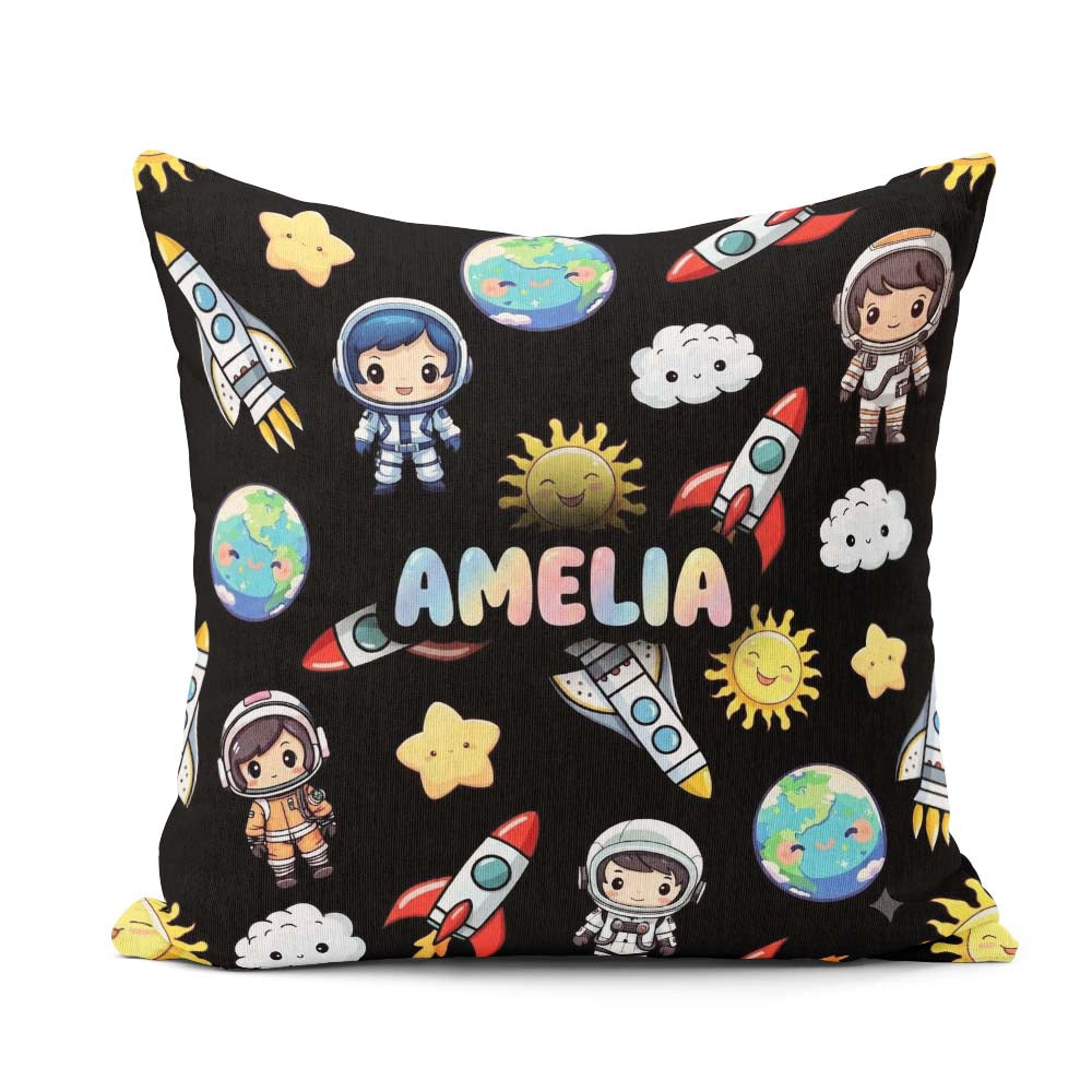 Custom Name Cartoon Space Rocket Sun Earth Clouds Seamless Black Square Filled Cushion Throw Pillow Sofa Bed Home Decor Zip Washable UK Made