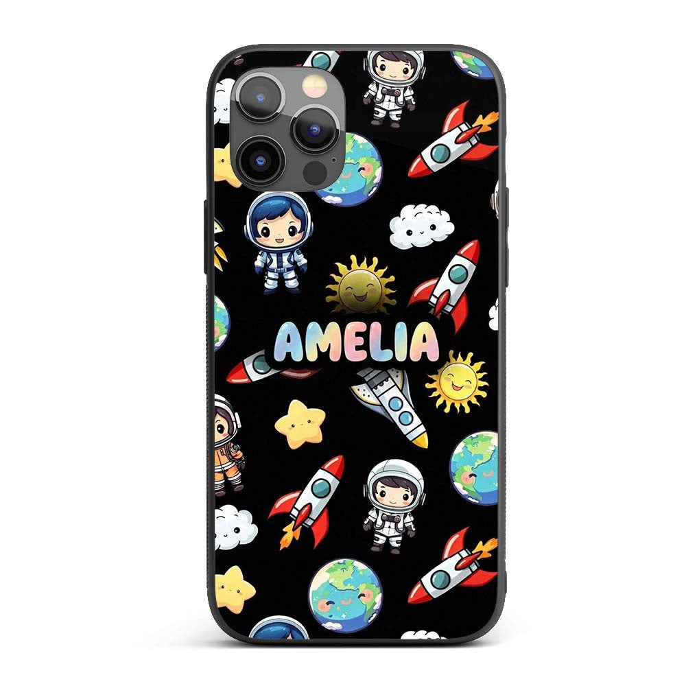 Cute Cartoon Space Rocket Astronaut Sun Earth Custom Name Protective Phone Case Mobile Cover Durable Everyday Smartphone Shock Resistant