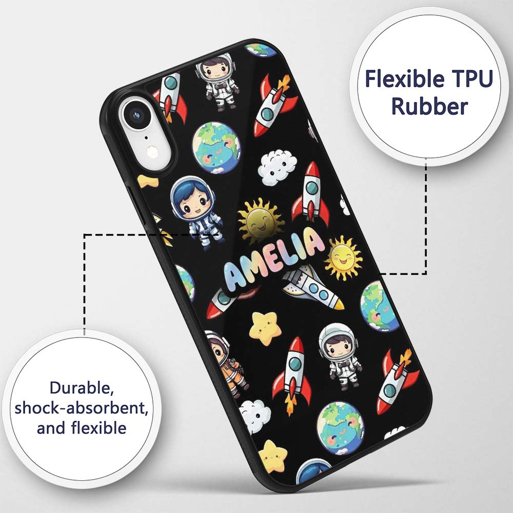 Cute Cartoon Space Rocket Astronaut Sun Earth Custom Name Protective Phone Case Mobile Cover Durable Everyday Smartphone Shock Resistant