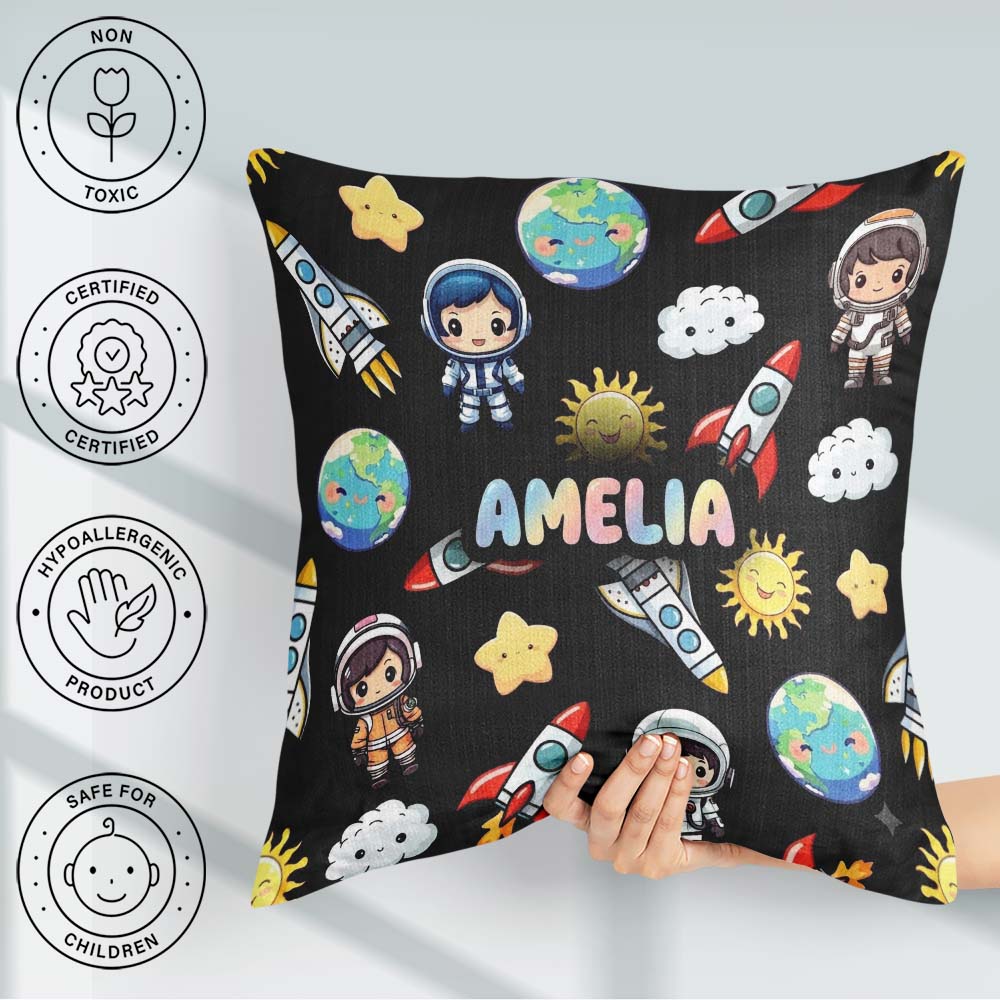 Custom Name Cartoon Space Rocket Sun Earth Clouds Seamless Black Square Filled Cushion Throw Pillow Sofa Bed Home Decor Zip Washable UK Made