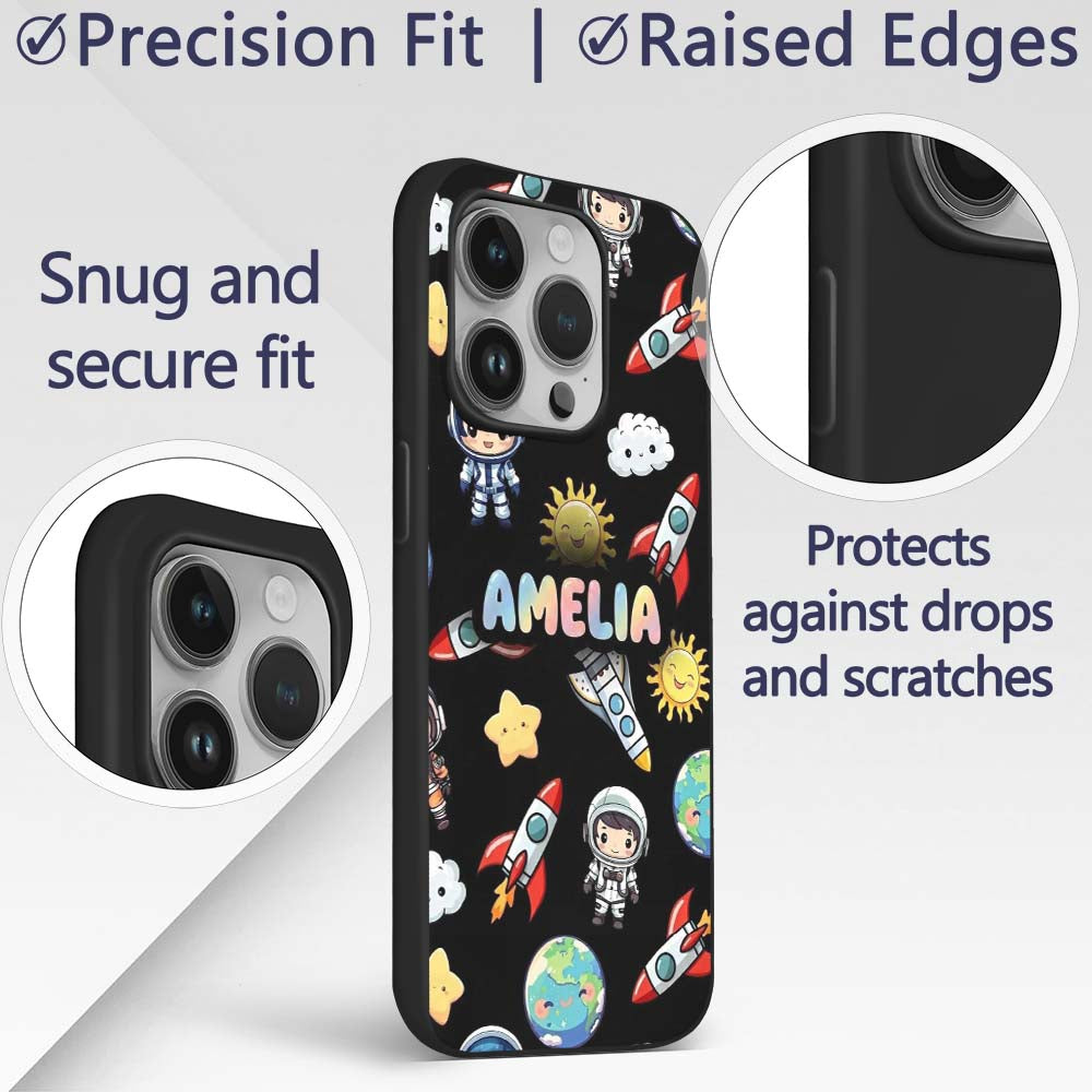 Cute Cartoon Space Rocket Astronaut Sun Earth Custom Name Protective Phone Case Mobile Cover Durable Everyday Smartphone Shock Resistant