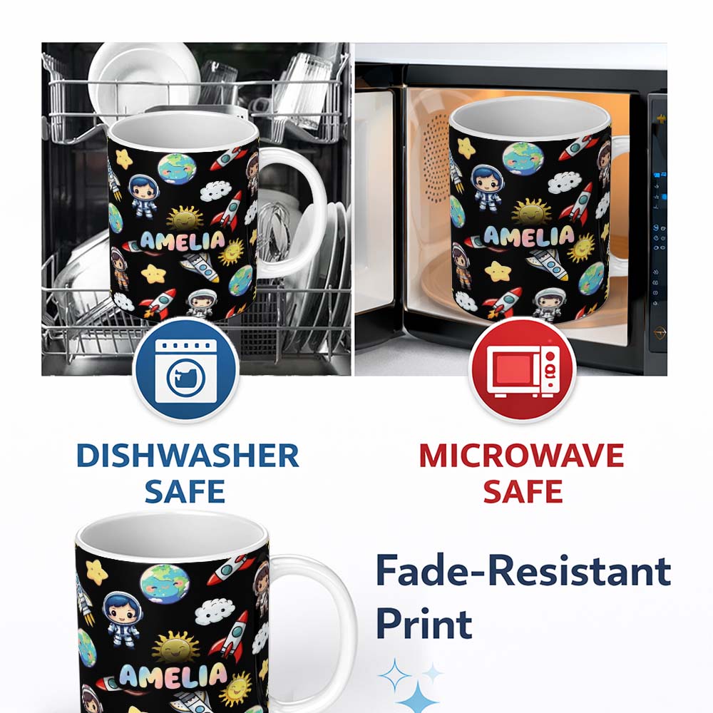 Personalized Custom Name Cute Cartoon Space Rocket Astronaut Sun Earth Clouds Seamless Black 11oz Ceramic Coffee Tea Mug White Large Handle
