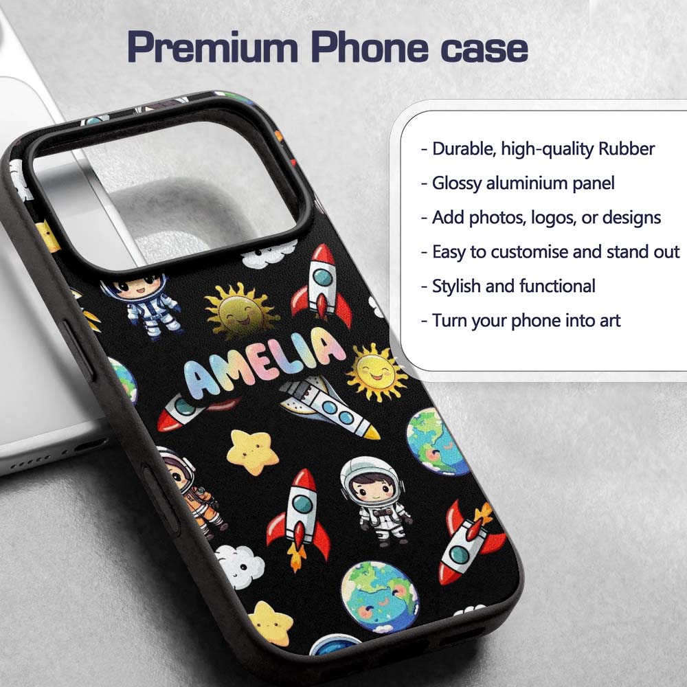 Cute Cartoon Space Rocket Astronaut Sun Earth Custom Name Protective Phone Case Mobile Cover Durable Everyday Smartphone Shock Resistant