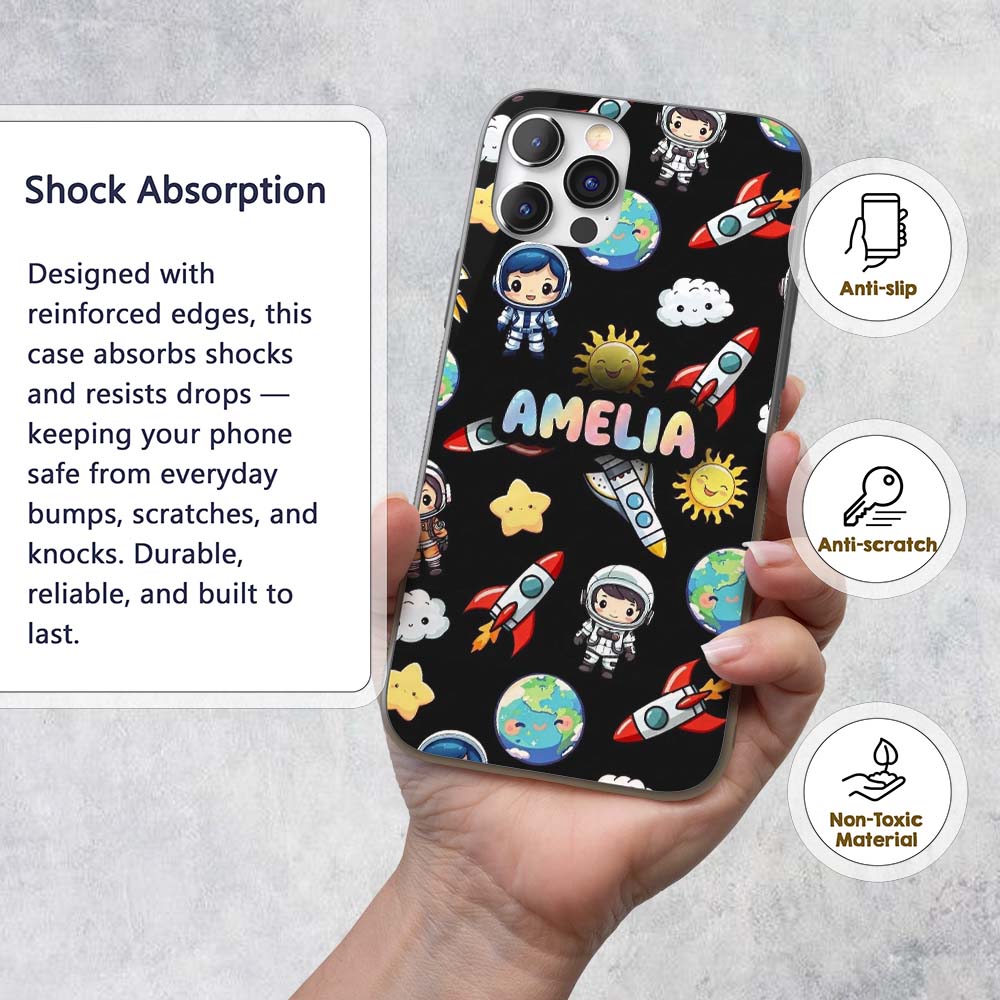 Cute Cartoon Space Rocket Astronaut Sun Earth Custom Name Protective Phone Case Mobile Cover Durable Everyday Smartphone Shock Resistant