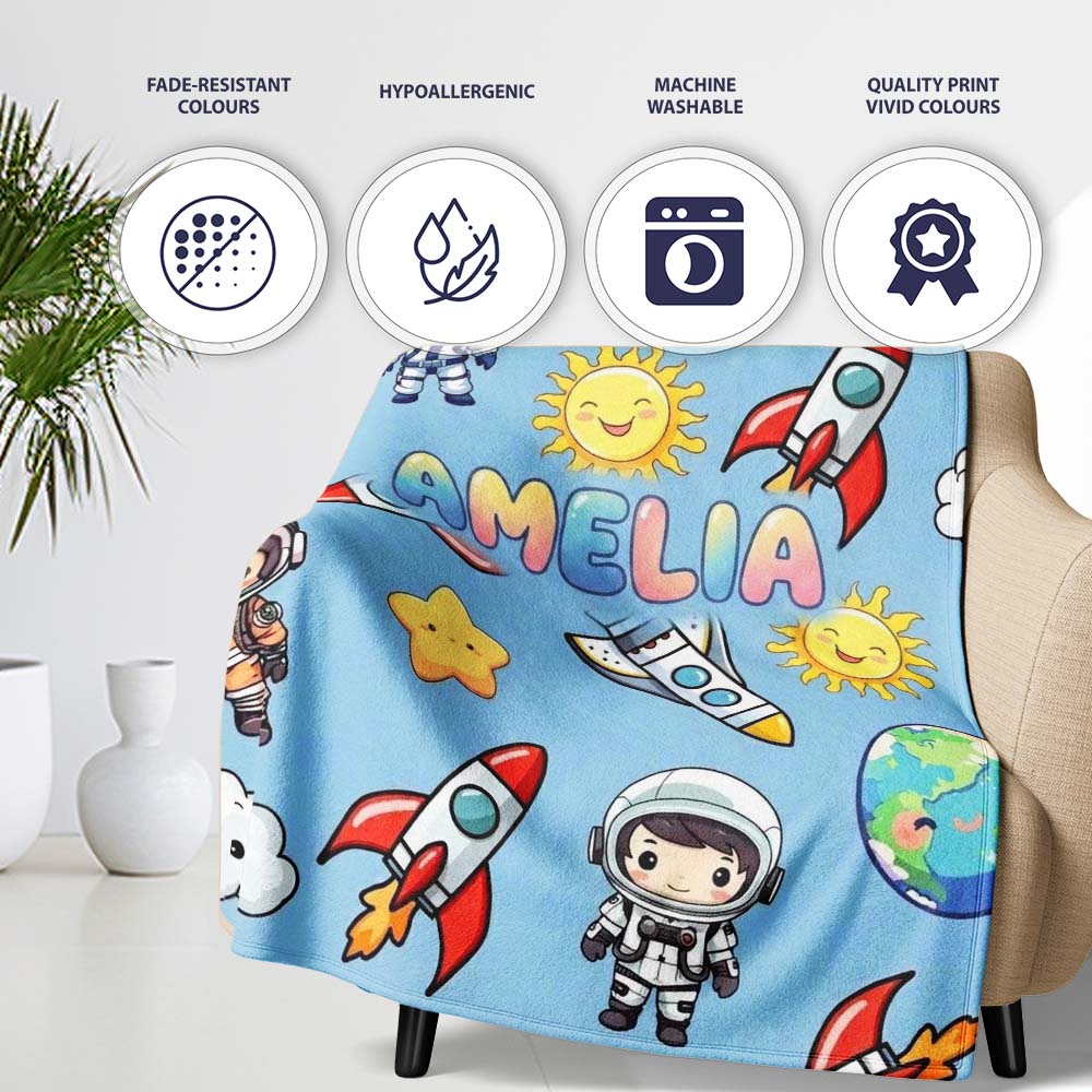 Cute Cartoon Space Rockets Sun Earth Clouds Stars Seamless Blue Personalised Custom Name Super Soft Fleece Blanket Bed Sofa Throw