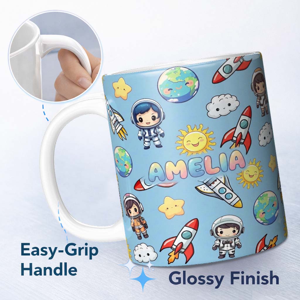 Personalized Custom Name Cute Cartoon Space Rockets Sun Earth Clouds Stars Seamless Blue 11oz Ceramic Coffee Tea Mug White Large Handle
