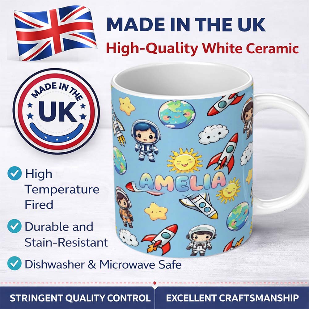 Personalized Custom Name Cute Cartoon Space Rockets Sun Earth Clouds Stars Seamless Blue 11oz Ceramic Coffee Tea Mug White Large Handle
