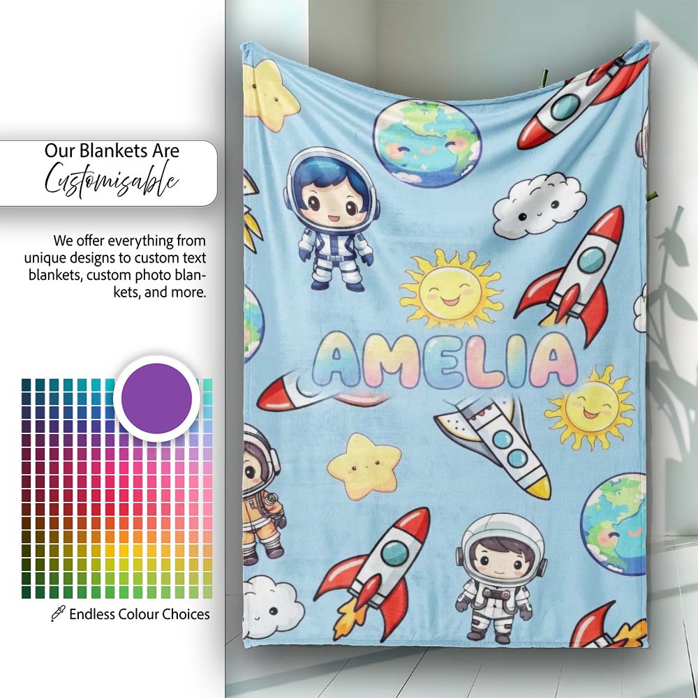 Cute Cartoon Space Rockets Sun Earth Clouds Stars Seamless Blue Personalised Custom Name Super Soft Fleece Blanket Bed Sofa Throw