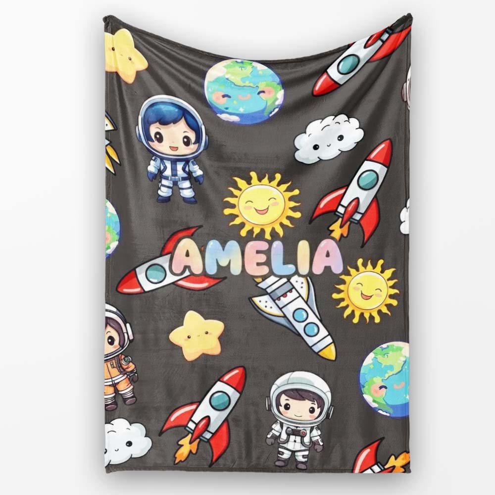 Cartoon Space Rockets Sun Earth Clouds Stars Seamless Dark Grey Personalised Custom Name Super Soft Fleece Blanket Bed Sofa Throw