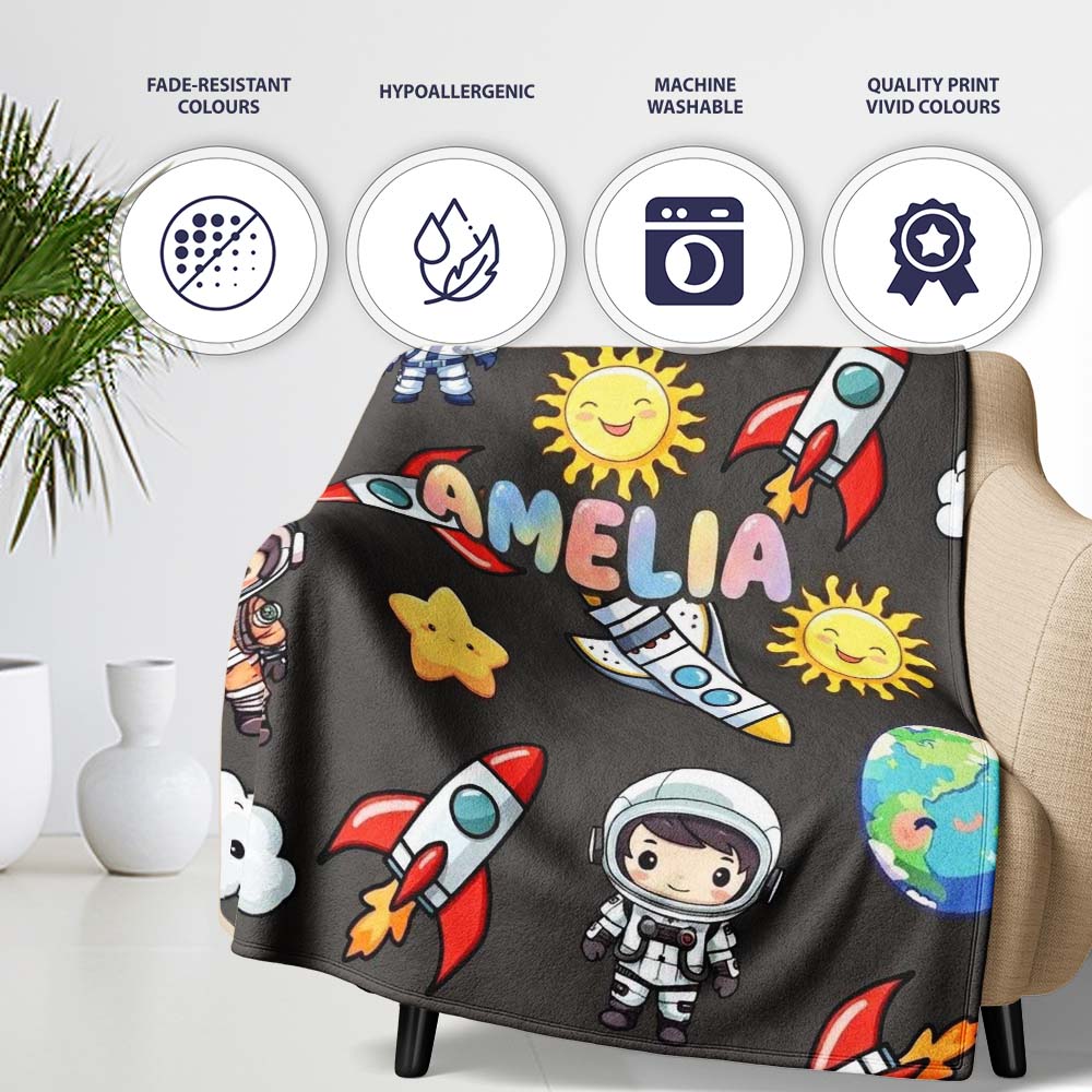 Cartoon Space Rockets Sun Earth Clouds Stars Seamless Dark Grey Personalised Custom Name Super Soft Fleece Blanket Bed Sofa Throw