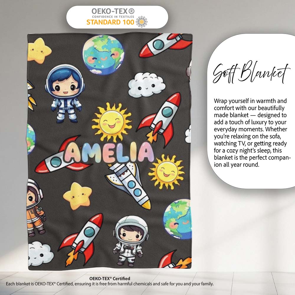 Cartoon Space Rockets Sun Earth Clouds Stars Seamless Dark Grey Personalised Custom Name Super Soft Fleece Blanket Bed Sofa Throw
