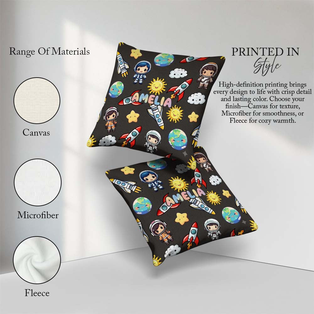 Custom Name Cartoon Space Rockets Sun Earth Clouds Seamless Dark Square Filled Cushion Throw Pillow Sofa Bed Home Decor Zip Washable UK Made