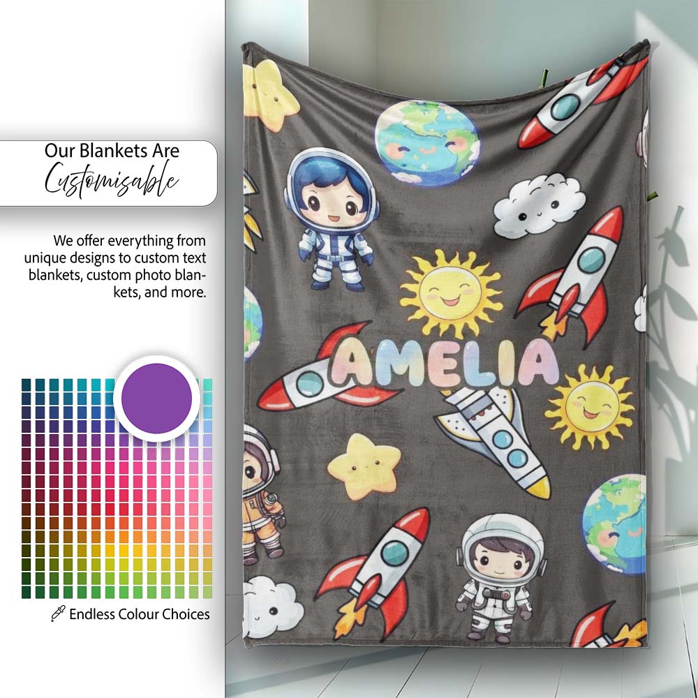 Cartoon Space Rockets Sun Earth Clouds Stars Seamless Dark Grey Personalised Custom Name Super Soft Fleece Blanket Bed Sofa Throw
