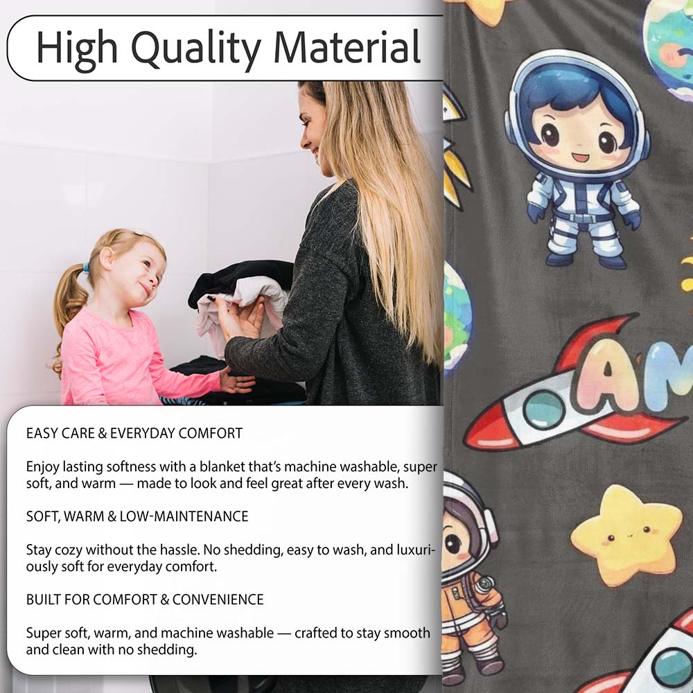 Cartoon Space Rockets Sun Earth Clouds Stars Seamless Dark Grey Personalised Custom Name Super Soft Fleece Blanket Bed Sofa Throw