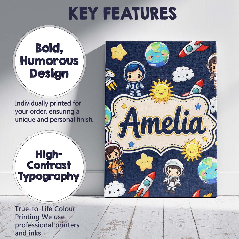 Personalised Name Cute Cartoon Space Custom Premium Decorative Design Modern Room Accent Canvas Wall Art Print Decor Picture Ready to Hang