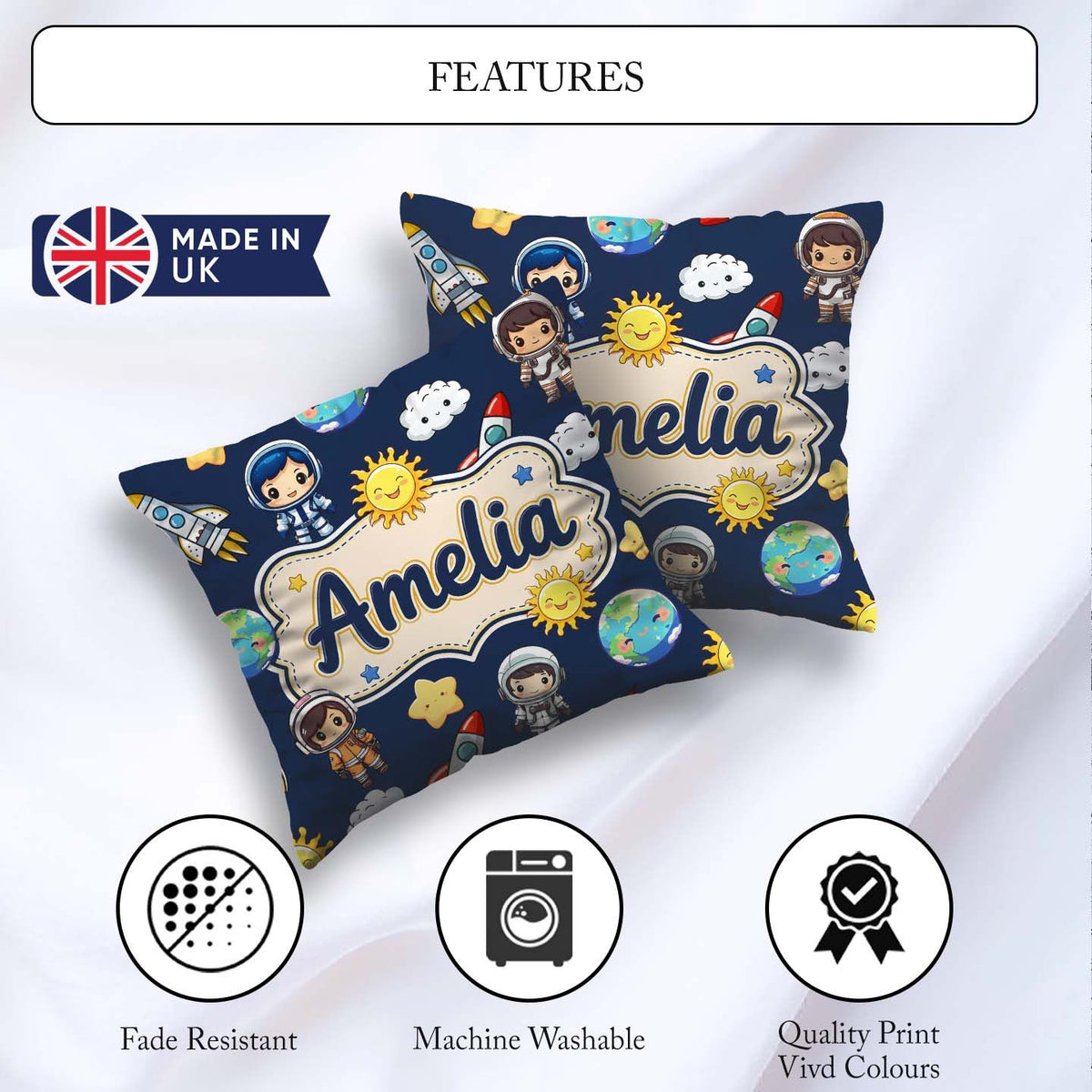 Custom Name Cartoon Space Rockets Sun Earth Clouds Seamless Navy Square Filled Cushion Throw Pillow Sofa Bed Home Decor Zip Washable UK Made