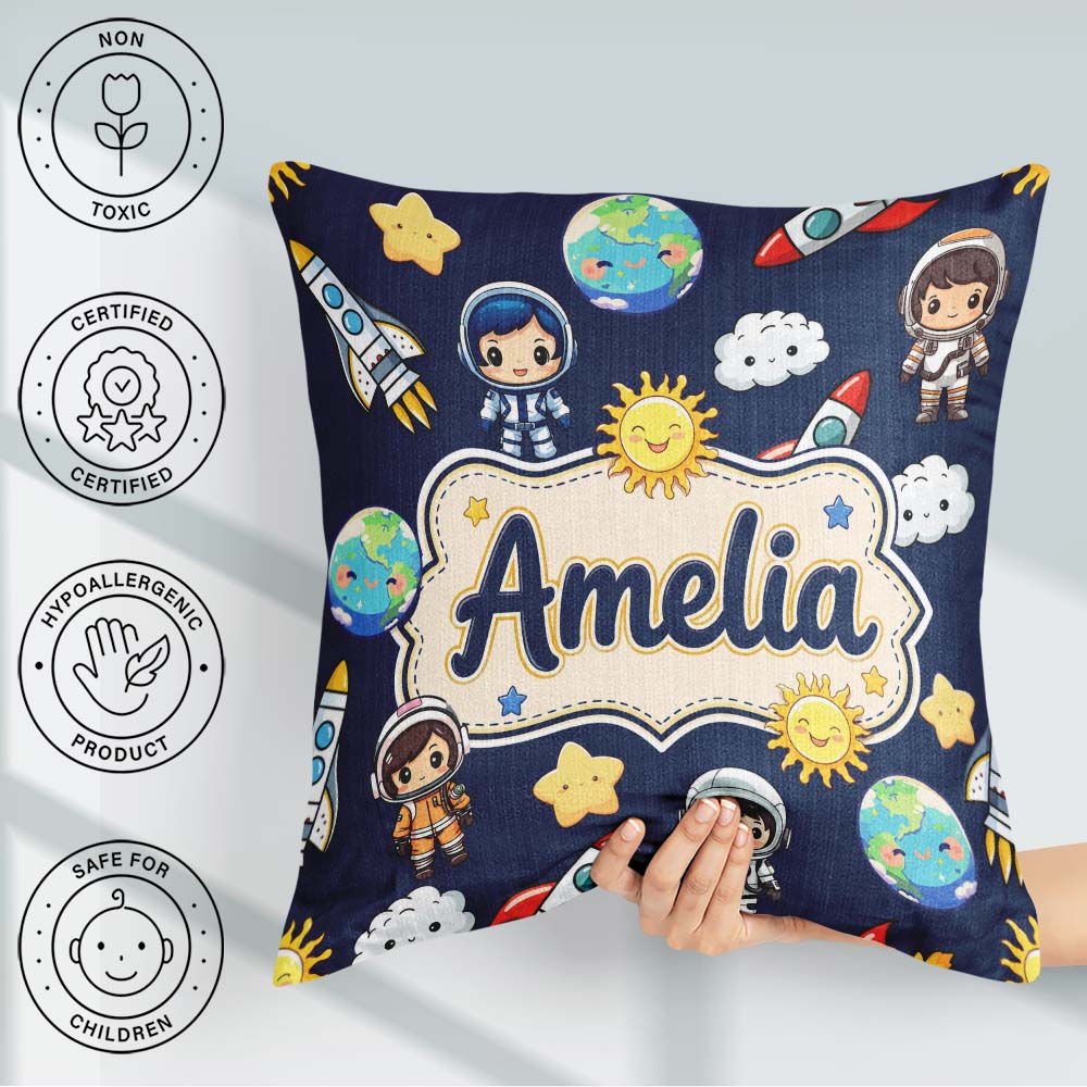 Custom Name Cartoon Space Rockets Sun Earth Clouds Seamless Navy Square Filled Cushion Throw Pillow Sofa Bed Home Decor Zip Washable UK Made