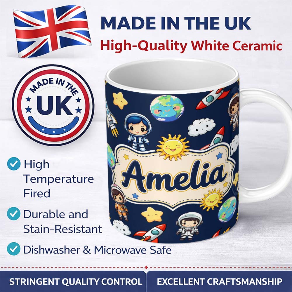 Personalized Custom Name Cute Cartoon Space Rockets Sun Earth Clouds Stars Seamless Navy 11oz Ceramic Coffee Tea Mug White Large Handle