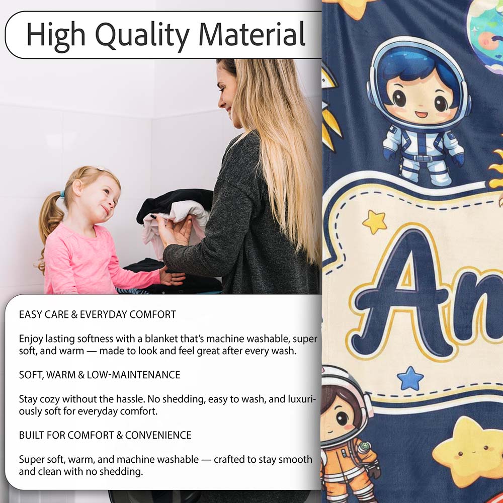 Cute Cartoon Space Rockets Sun Earth Clouds Stars Seamless Navy Personalised Custom Name Super Soft Fleece Blanket Bed Sofa Throw