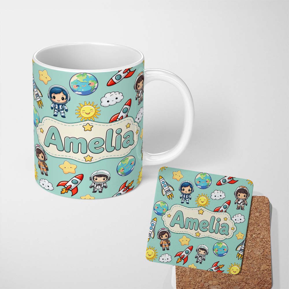 Personalized Custom Name Cute Cartoon Space Rockets Sun Earth Clouds Stars Seamless Mint 11oz Ceramic Coffee Tea Mug White Large Handle
