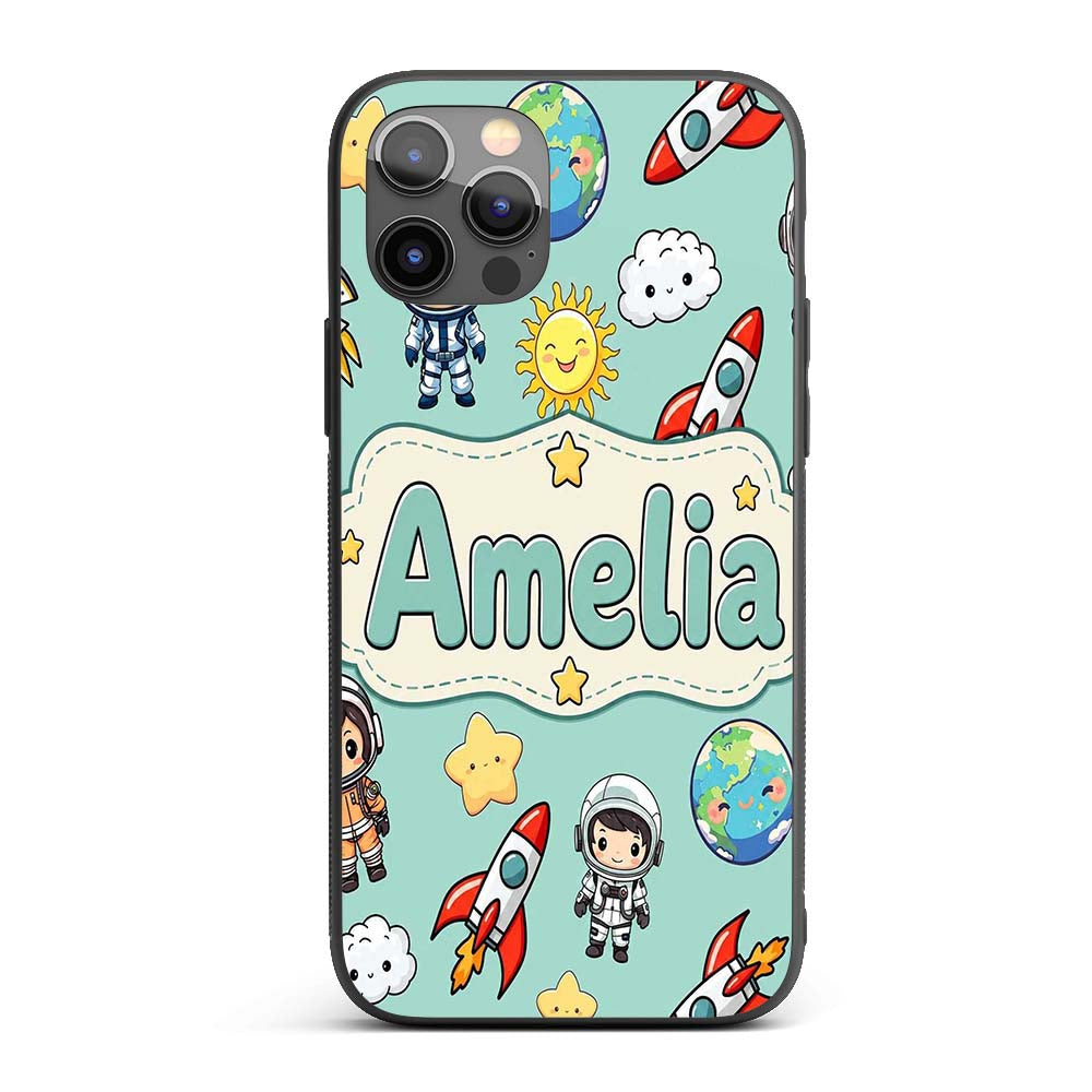 Cute Cartoon Space Rockets Sun Earth Clouds Stars Custom Name Protective Phone Case Mobile Cover Durable Everyday Smartphone Shock Resistant