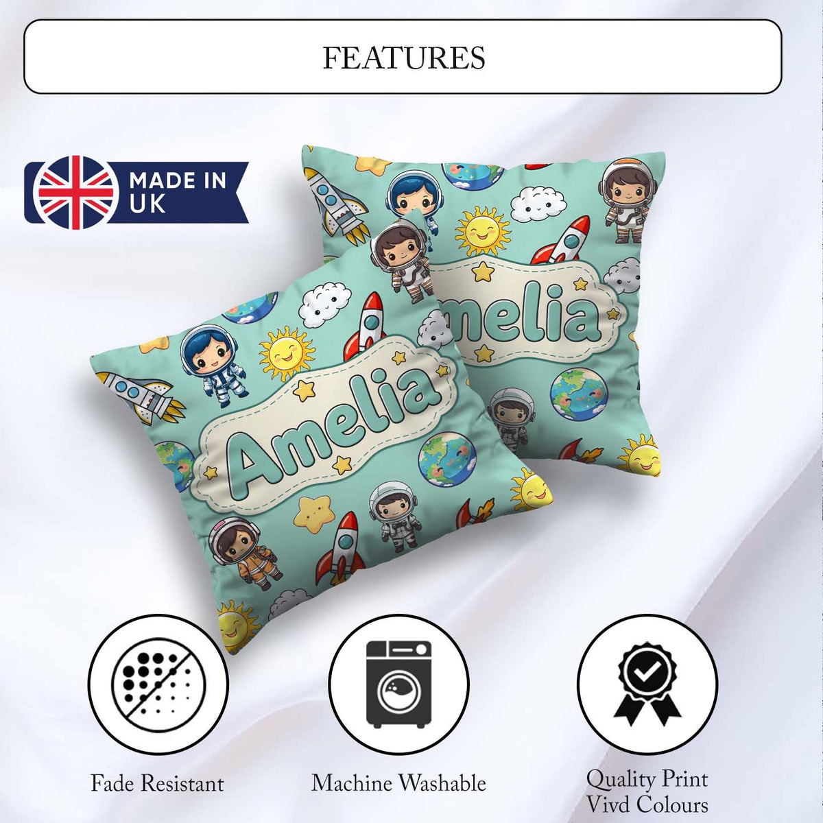 Custom Name Cartoon Space Rockets Sun Earth Clouds Seamless Mint Square Filled Cushion Throw Pillow Sofa Bed Home Decor Zip Washable UK Made