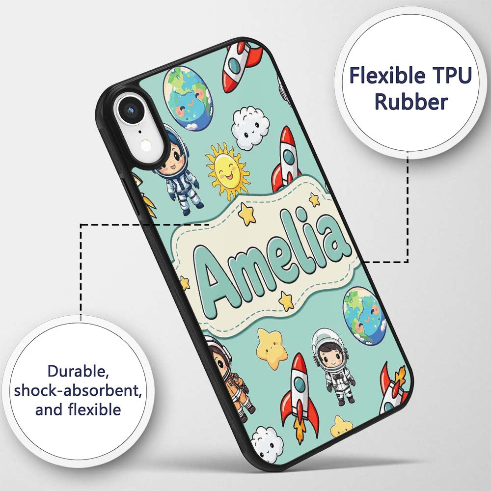Cute Cartoon Space Rockets Sun Earth Clouds Stars Custom Name Protective Phone Case Mobile Cover Durable Everyday Smartphone Shock Resistant