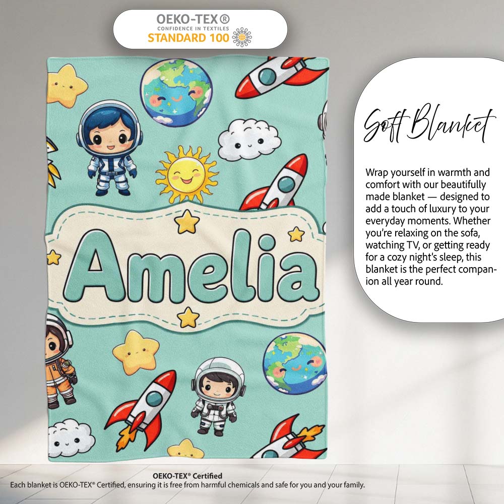 Cute Cartoon Space Rockets Sun Earth Clouds Stars Seamless Mint Personalised Custom Name Super Soft Fleece Blanket Bed Sofa Throw