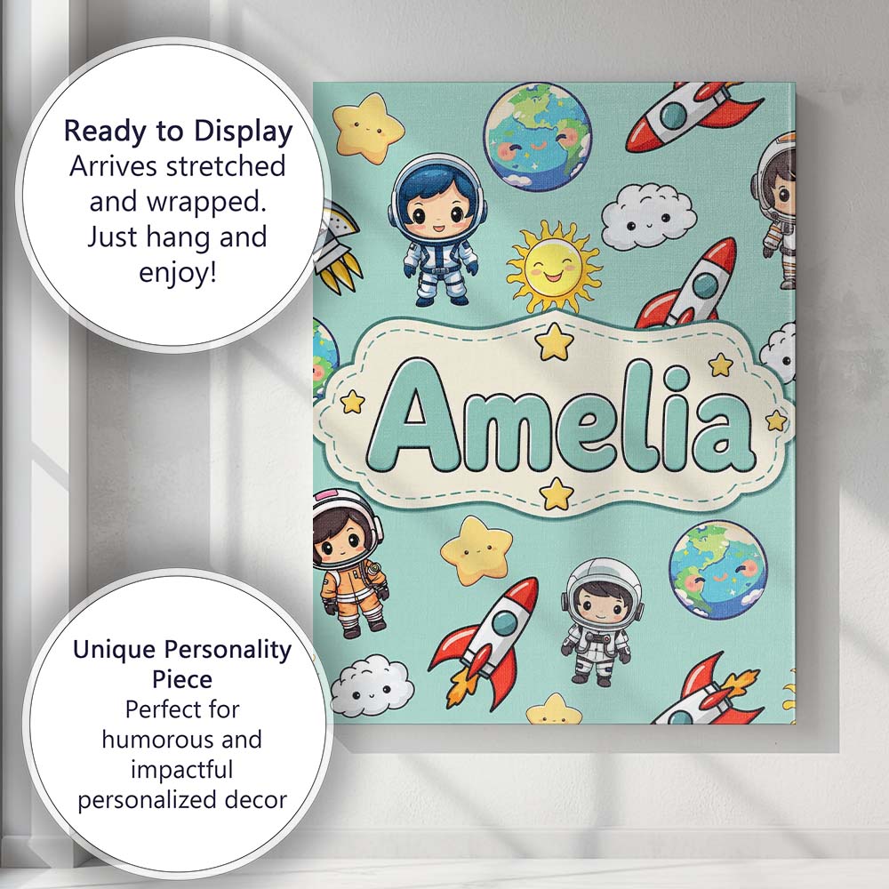 Personalised Name Cute Cartoon Space Custom Premium Decorative Design Modern Room Accent Canvas Wall Art Print Decor Picture Ready to Hang