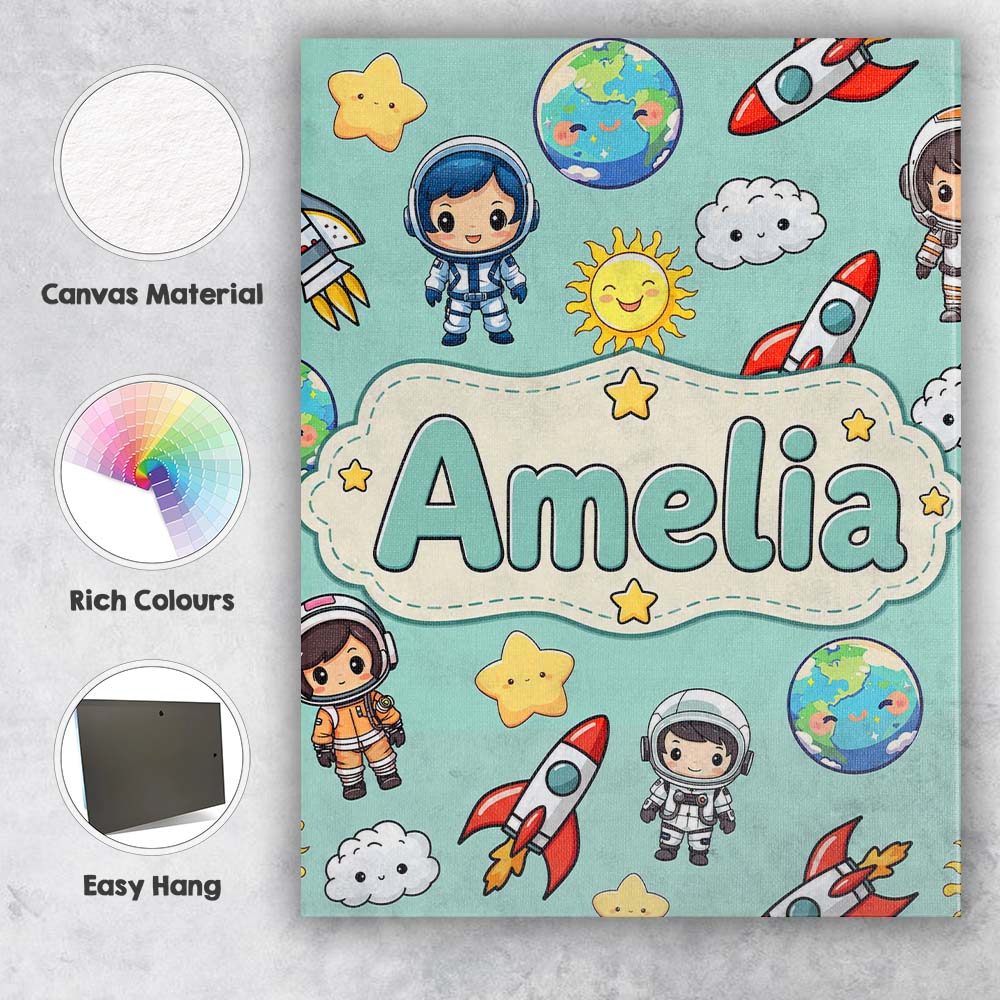 Personalised Name Cute Cartoon Space Custom Premium Decorative Design Modern Room Accent Canvas Wall Art Print Decor Picture Ready to Hang