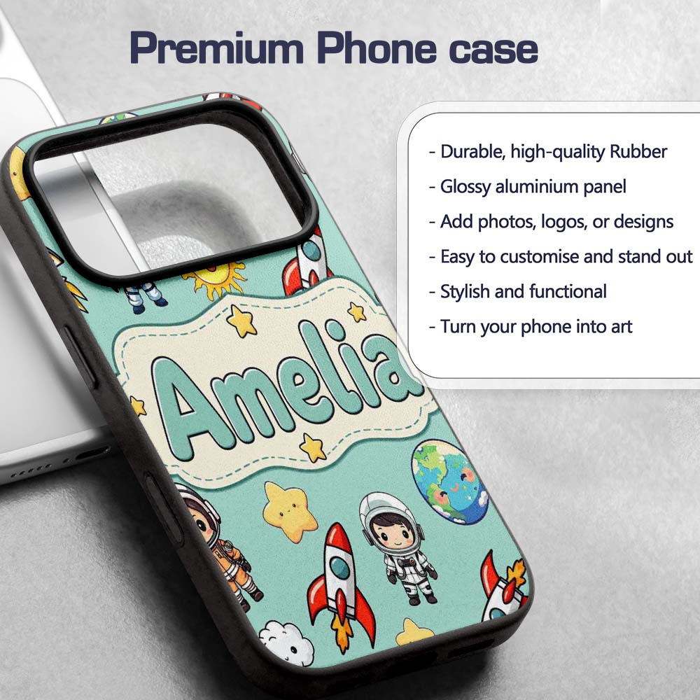 Cute Cartoon Space Rockets Sun Earth Clouds Stars Custom Name Protective Phone Case Mobile Cover Durable Everyday Smartphone Shock Resistant