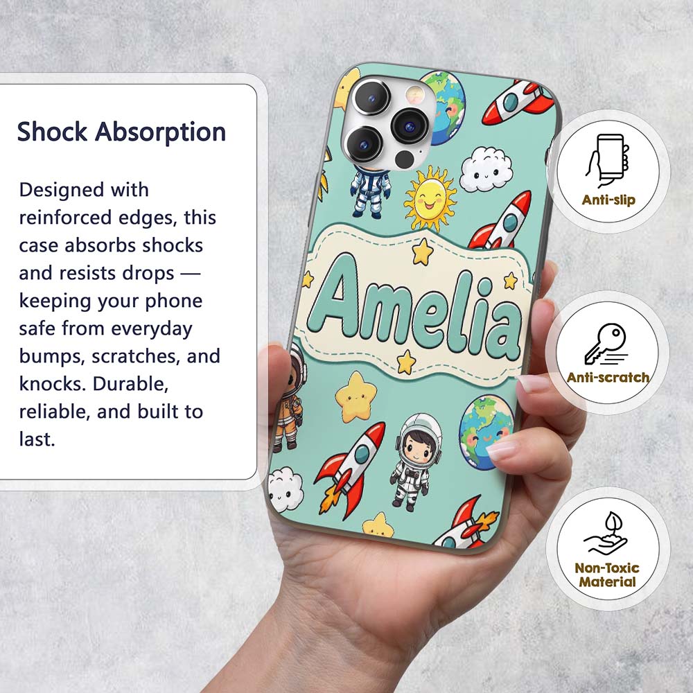 Cute Cartoon Space Rockets Sun Earth Clouds Stars Custom Name Protective Phone Case Mobile Cover Durable Everyday Smartphone Shock Resistant