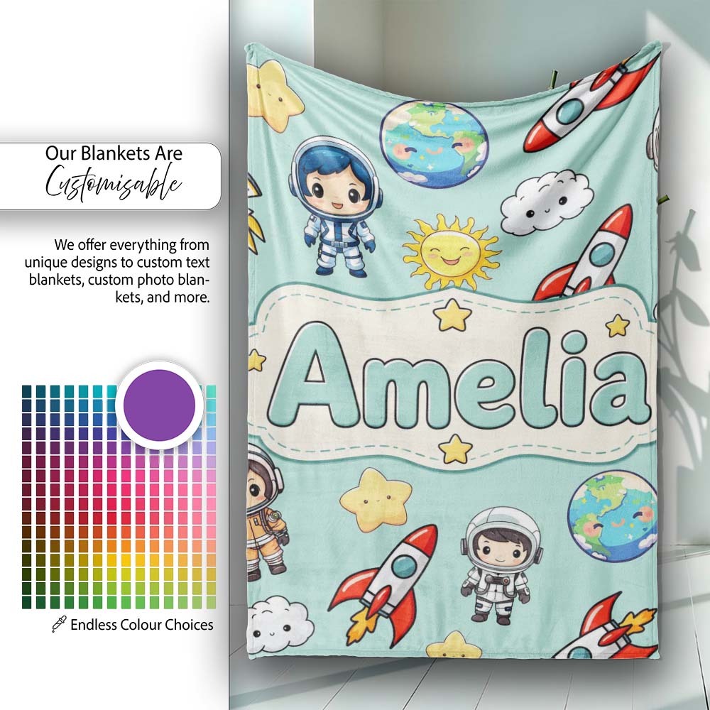 Cute Cartoon Space Rockets Sun Earth Clouds Stars Seamless Mint Personalised Custom Name Super Soft Fleece Blanket Bed Sofa Throw