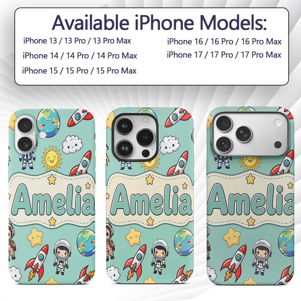 Cute Cartoon Space Rockets Sun Earth Clouds Stars Custom Name Protective Phone Case Mobile Cover Durable Everyday Smartphone Shock Resistant