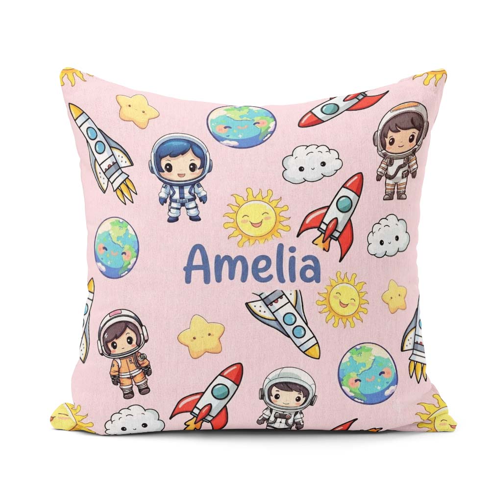 Custom Name Cartoon Space Rockets Sun Earth Stars Seamless Blush Square Filled Cushion Throw Pillow Sofa Bed Home Decor Zip Washable UK Made
