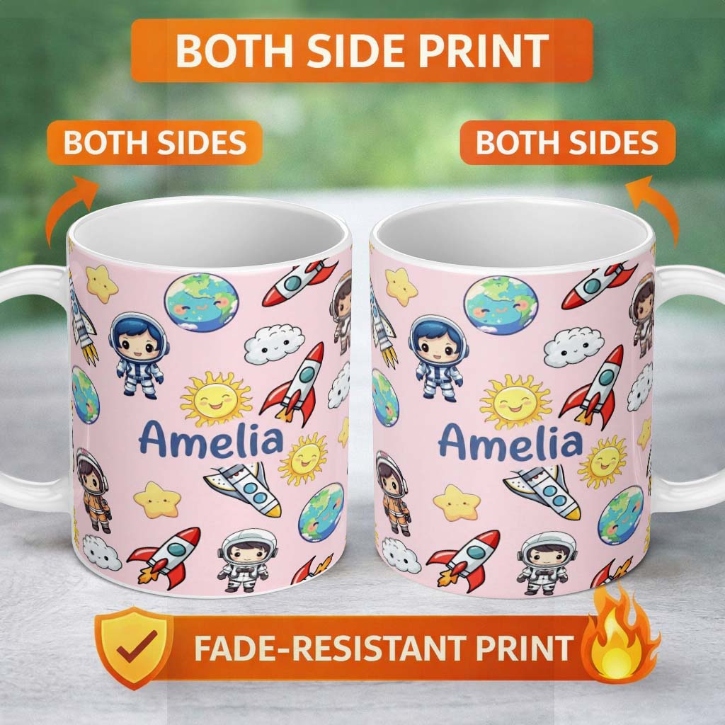 Personalized Custom Name Cartoon Space Rockets Sun Earth Clouds Stars Seamless Blush Pink 11oz Ceramic Coffee Tea Mug White Large Handle