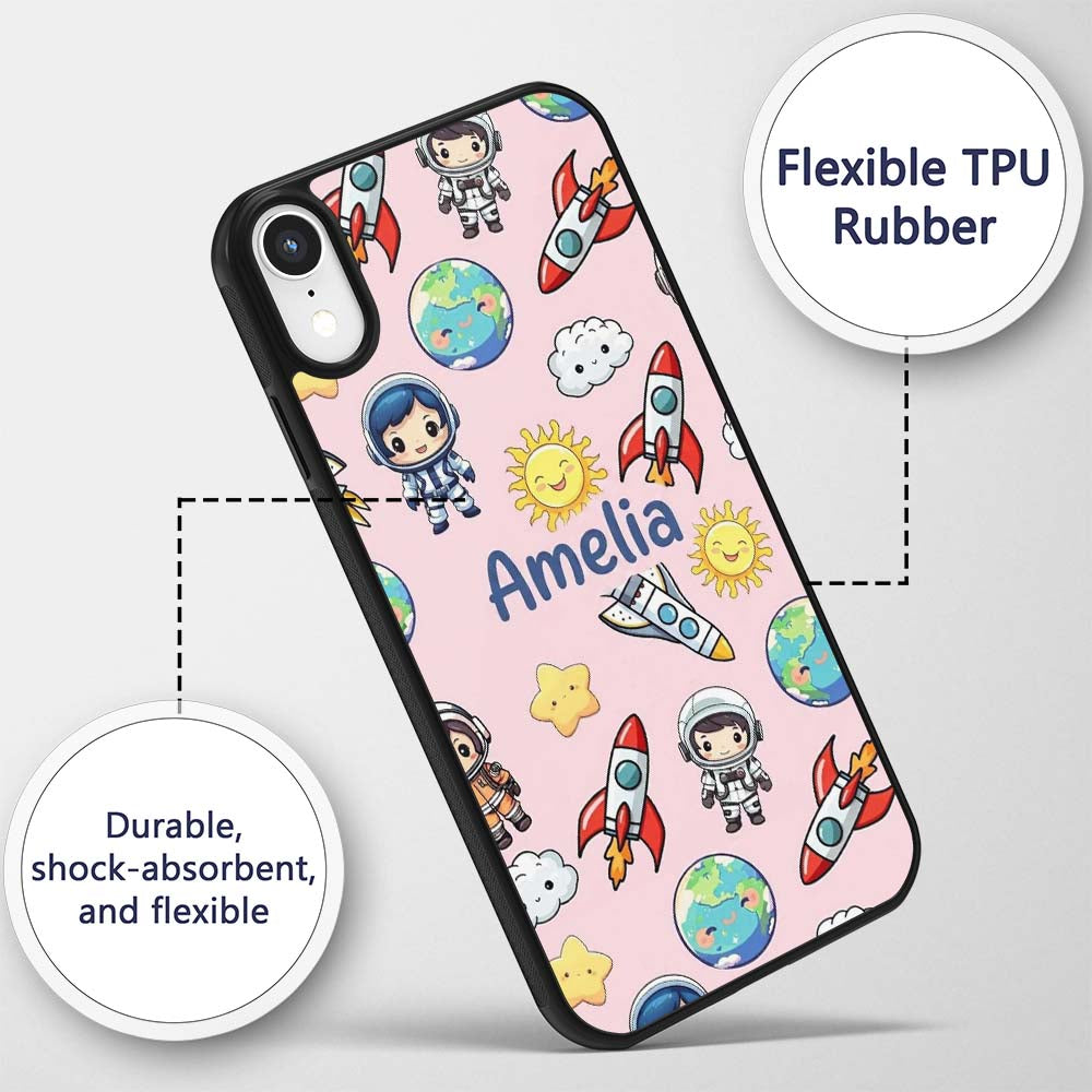 Cartoon Space Rockets Sun Earth Clouds Stars Custom Name Protective Phone Case Mobile Cover Durable Everyday Smartphone Shock Resistant