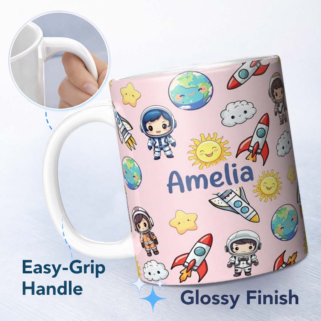 Personalized Custom Name Cartoon Space Rockets Sun Earth Clouds Stars Seamless Blush Pink 11oz Ceramic Coffee Tea Mug White Large Handle