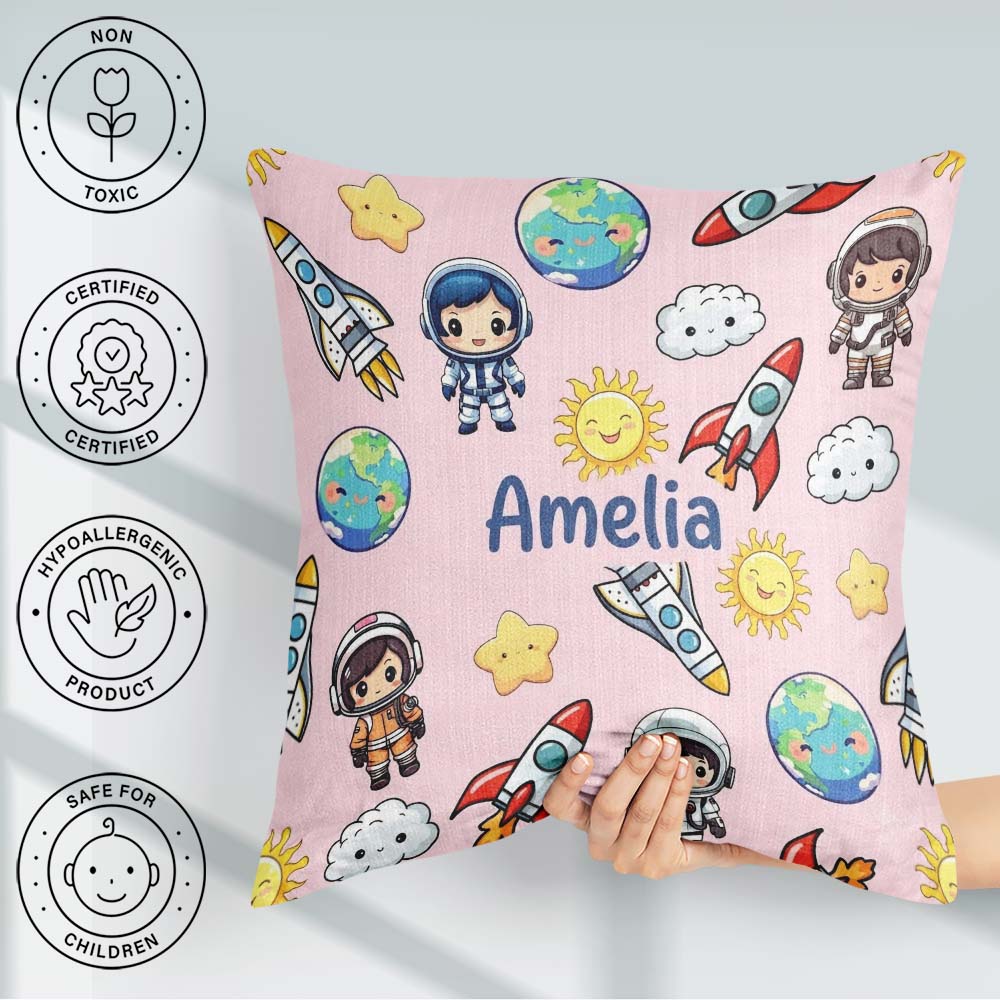 Custom Name Cartoon Space Rockets Sun Earth Stars Seamless Blush Square Filled Cushion Throw Pillow Sofa Bed Home Decor Zip Washable UK Made